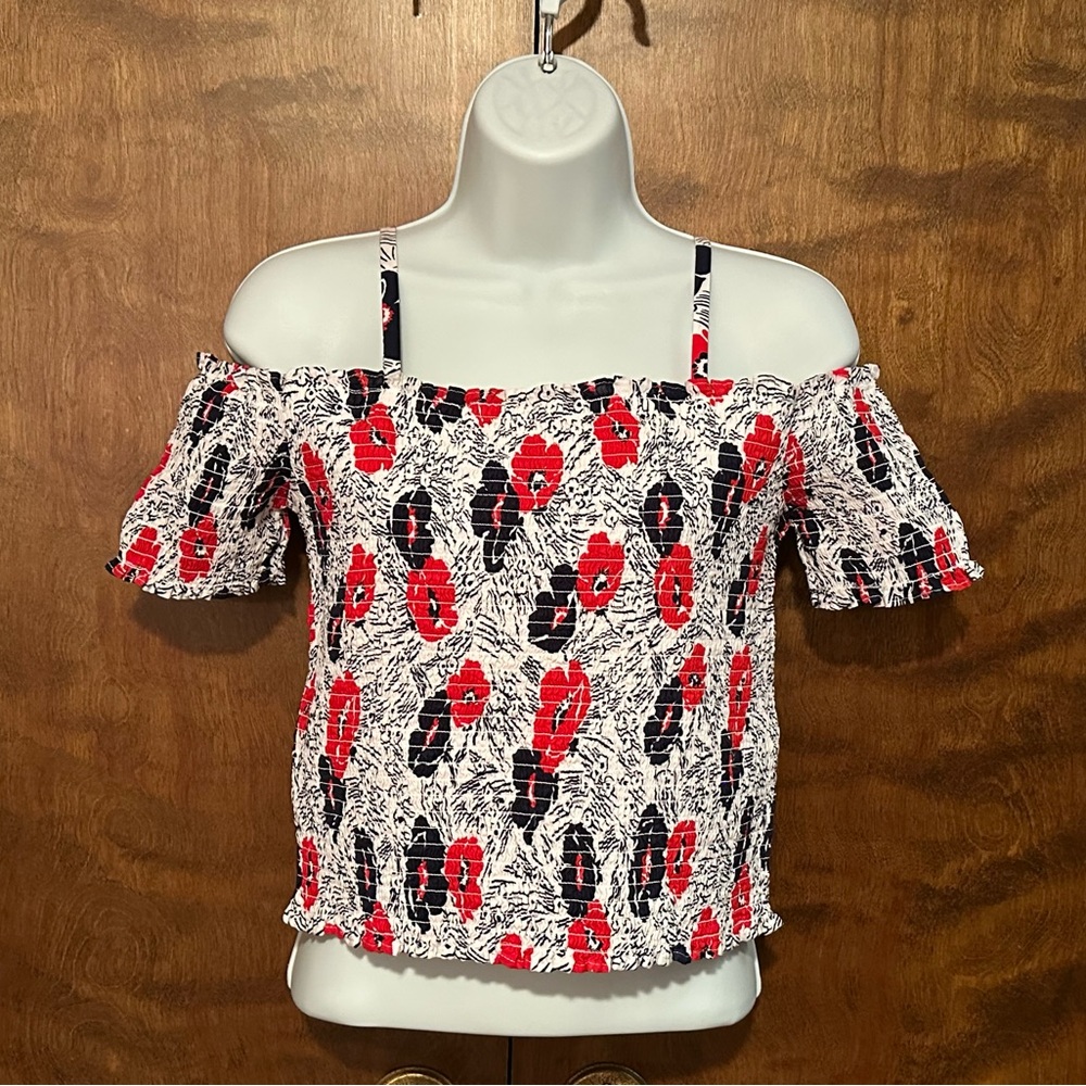 Janie & Jack Smocked Short Sleeve Cold Shoulder Top Girls 16 White Floral Cotton